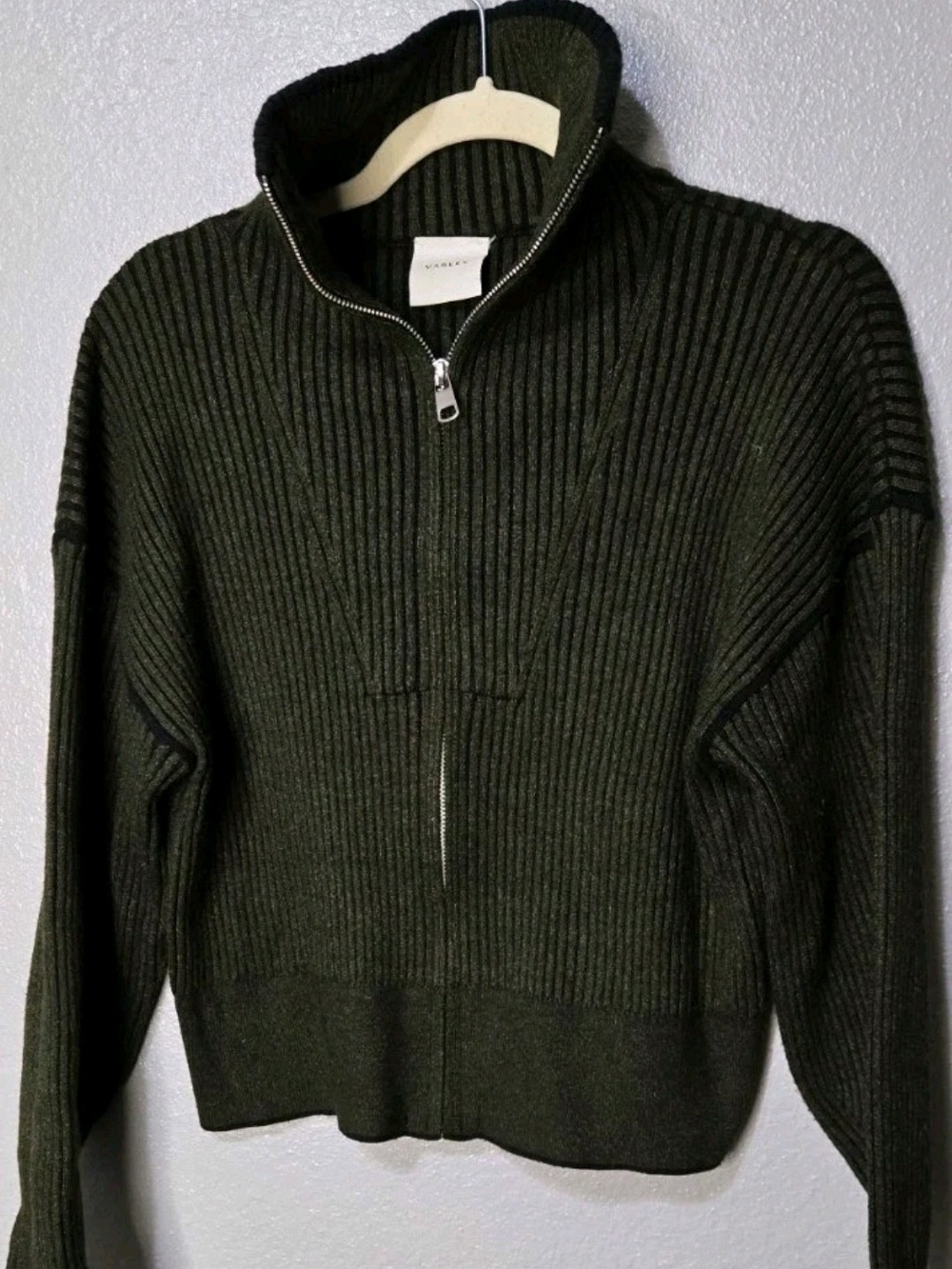 Varley Carmen Knit Sweater Size Samll Green Full Zip Mock Neck Ribbed Pullover